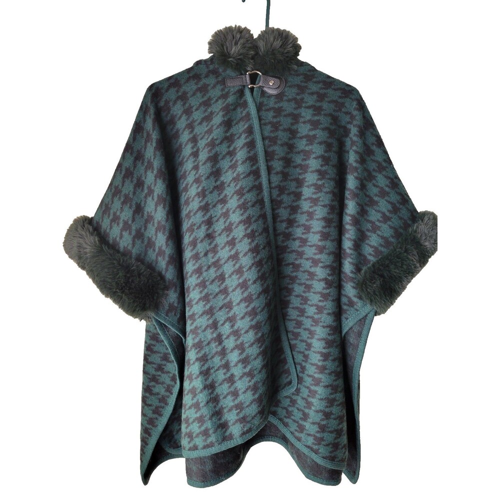 Women's Green Black Houndstooth Cape Poncho Faux Fur Trim Collar Buckle One Size